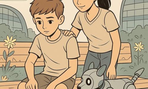 Un niño de 10 años, expresión concentrada y algo emocionada, cabello castaño corto, rodillas ligeramente flexionadas, con la mano derecha despegando con cuidado una pequeña pastilla brillante pegada a un banco; detrás, una niña de unos 12 años (Maya) con cola de caballo negra, sonrisa seria, mano sobre su hombro para tranquilizarlo; a su lado un perro robot mediano de metal con ojos LED y cola articulada observando; escena en un parque futurista con suelo liso, banco de madera clara con motivos geométricos y flores luminosas; momento silencioso de reparación temporal: el niño evita un pequeño “paradoja” mientras la chica vela y el robot mira, ambiente tenso pero suave.
