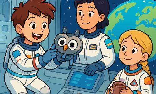 A young astronaut boy, Max, joyfully floats in the space station, smiling broadly. He wears a slightly oversized white spacesuit with colorful details and a shiny badge on his chest. His brown hair floats around him, and his eyes sparkle with excitement as he adjusts a camera robot resembling an owl. Next to him, Commander Lee, a woman in her thirties with short black hair and an encouraging gaze, closely monitors the control screen. She wears a similar spacesuit with different insignia and smiles proudly at Max. A little further away, Samira, a young girl with braided blonde hair, floats holding a cup of hot chocolate, admiring Max. She is about 10 years old and also wears a spacesuit with colorful patterns. The scene takes place inside the space station, featuring shiny metallic walls, bright lights, and windows offering a spectacular view of the blue Earth below, surrounded by twinkling stars. Max is preparing the camera to capture images of Earth, displaying a look of concentration and joy while his friends encourage him and share this incredible moment together.