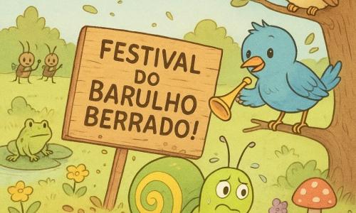 Um caracol chamado Nico, pequeno e redondo, carapaça verde viva com espirais amarelas, antenas finas e olhos brilhantes, parece maroto e preocupado enquanto empurra uma placa caída com sua gola molhada, gotas de suor visíveis; um pardal mensageiro azul-claro de bico laranja, penas desgrenhadas, segura uma pequena corneta dourada numa galho próximo; no primeiro plano uma grande placa de madeira tombada, suja de lama, mostra ao contrário 