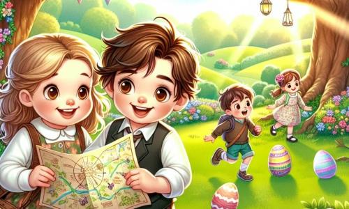 A 12-year-old boy named Oliver, with messy brown hair and round glasses, smiles enthusiastically while holding a treasure map. He wears a colorful t-shirt and shorts, and his face radiates joy and excitement. Next to him is his little sister Max, an 8-year-old boy with blonde hair and a big smile, curiously looking at the map with bright eyes. In the background, Oliver's friends, including Lucy, an 11-year-old girl with brown hair in a floral dress, jump for joy as they discover chocolate eggs hidden under a large oak tree. The scene takes place in a sunny park filled with colorful flowers and green trees, with children's laughter echoing in the air. The ground is dotted with colorful Easter eggs, and a large paper banner decorated with rabbits and flowers gently floats above them. The main situation shows Oliver and his friends engaged in an Easter egg hunt, discovering hidden clues and having fun together, creating a festive and joyful atmosphere.