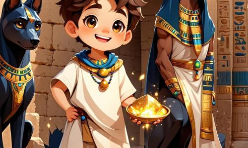 Omar, een jongen van ongeveer 10 jaar met rommelig bruin haar en grote nieuwsgierige ogen, glimlacht blij terwijl hij een gouden amulet in zijn handen houdt. Hij draagt een eenvoudige linnen tuniek en sandalen, en zijn gezicht straalt van opwinding en vastberadenheid. Naast hem staat Anubis, een man met een hondenachtig gezicht, met glanzende zwarte vacht en doordringende gouden ogen. Hij staat majestueus, gekleed in een Egyptische jurk versierd met gouden patronen, en kijkt vriendelijk naar Omar, klaar om hem op avontuur te begeleiden. De setting is in een oude Egyptische tempel, met hoge, gebeeldhouwde kolommen en kleurrijke fresco's die goden en mythologische scènes voorstellen. Het zachte licht dat door de openingen filtert, creëert een mystieke en betoverende sfeer. De hoofdscène toont Omar en Anubis die samen lachen en dansen, terwijl ze proberen de zon buiten te laten glimlachen, terwijl gouden lichtstralen de scène verlichten, wat de vreugde en vriendschap symboliseert die tussen hen ontstaat.