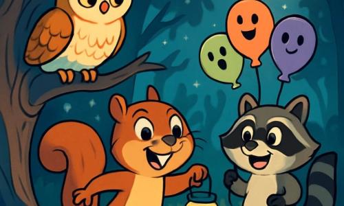 In a moonlit magical forest, a small squirrel named Sammy, with brown fur and a cream belly, displays a big smile of excitement. His eyes shine with enthusiasm as he holds a small lantern shaped like a jar of fireflies, lighting his path. Next to him, Bella, a wise owl with white and golden feathers, perches on a branch, her large round eyes expressing a mix of curiosity and concern as she watches Sammy, ready to advise him. A little further away, Max, the raccoon with black and gray stripes, sports a wide mischievous grin while holding colorful ghost balloons. He appears joyful and eager to join the adventure. The setting is a mysterious clearing surrounded by gnarled trees and shimmering foliage under the moonlight, with dancing shadows creating a magical yet slightly spooky atmosphere. The scene depicts Sammy and his friends getting ready to explore the Haunted Hole, filled with excitement and camaraderie, ready for an unforgettable Halloween adventure.