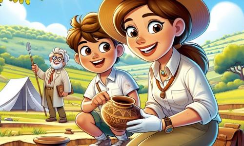 În centrul imaginii, Iulia, o arheologă pasionată, este o femeie de aproximativ 30 de ani, cu părul brun prins într-o coadă de cal. Poartă o pălărie de paie și o cămașă cu mânecă scurtă, acoperită de praf, iar fața ei exprimă o mare excitație și curiozitate. Este așezată în genunchi, ținând în mâini un mic vas de lut decorat cu motive antice, cu un chip uimit. Lângă ea, un băiat de 10 ani, Lucas, asistentul ei, are părul blond ciufulit și poartă o șapcă. El ține o perie și un carnet, observând cu atenție vasul și zâmbind admirativ. Un alt personaj, o femeie de aproximativ 50 de ani, profesoara Elena, stă ușor în spate, cu ochelari pe nas și un zâmbet mândru, observând munca elevilor săi. Locul acțiunii este un sit arheologic însorit, înconjurat de coline verzi și copaci bătrâni. Pământul este presărat cu fragmente de ceramică și unelte antice, iar în depărtare se vede un cort alb unde sunt depozitate alte descoperiri. Situația principală arată cum Iulia și Lucas descoperă un vas antic, simbol al unei civilizații uitate, în timp ce Elena îi încurajează, creând o atmosferă de explorare și descoperire.