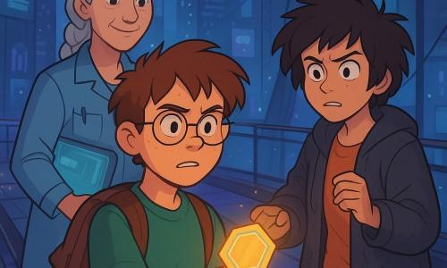 A 12-year-old boy with a round freckled face, messy brown hair and a determined, anxious expression holds a glowing hexagonal badge in an outstretched hand; he wears a green T‑shirt, worn backpack and thin‑rimmed glasses and stands on a smoked‑glass skybridge while a calm, kindly ~60‑year‑old woman with silver braided hair, a workshop smock and a holographic tablet watches from behind, and a wary but surprised ~14‑year‑old girl in an oversized jacket with short tousled hair and grease‑stained hands, a few steps below, reaches to clip the badge to her chest. The modern skybridge has blinking luminous floor tiles, thin metal rails, exposed cables and views of skyscrapers with flexible screens and floating holograms; the scene focuses on the badge transfer as bridge lamps flicker in blue‑violet ambient light with drifting particles, sharp glass‑to‑metal contrasts and a tense yet warm atmosphere.