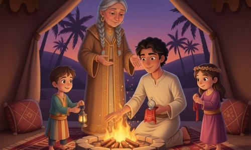 A young man (about 25) with a calm, smiling face, sand-colored skin and slightly curly black hair kneels in a simple beige robe holding a small silver compass wrapped in a red embroidered cloth, his hand near a reborn hearth; behind the fire stands Nasim, an elderly woman (about 65) with braided gray hair and kind wrinkles, wearing a coat embroidered with gold motifs, hands open as if blessing the flame, proud and serene; to the left a boy (about 8) with messy hair and a colorful robe holds a small metal lamp, eyes wide, ready to place it at the fire; to the right a girl (about 6) wearing a crown of grass offers a red ribbon and stands by a ruby-patterned carpet with a shy smile; the scene takes place in a large open tent at twilight with warm woven rugs (rubies, ochres, gold), cushions and palm trees visible outside, a central circular stone hearth casting soft orange light and golden sparks; the main action is relighting an ancient communal hearth as characters deposit small lamps and symbolic objects, warm atmosphere centered on the man’s hand near the fire, soft light contrasting the violet desert sky with bright details like gold dust, rubies and embroidered threads.