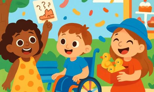 There are three characters: Ada, a 7-year-old girl with curly hair and a big smile, wearing a yellow polka dot dress and holding a small piece of paper with mysterious writing on the left; Bea, a dynamic 6-year-old girl in a colorful wheelchair, with short hair and a blue t-shirt, in the center looking at Ada with sparkling eyes of excitement; and Cleo, a 7-year-old girl wearing a blue hat and having long hair, on the right, laughing and holding a small box filled with rubber ducks. The setting is a sunny park filled with colorful flowers, large trees with shiny green leaves, and a blue bench under which a curious little rodent is hiding. In the background, there is a bakery with tempting cakes in the window. The main scene shows the three girls searching for a 