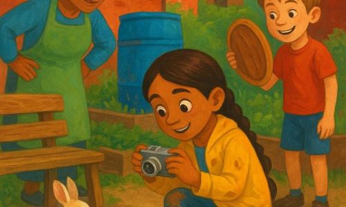 An 8-year-old girl, Maya, kneeling on soil, focused and joyful with brown braided hair, a dirt-stained yellow jacket and scraped knees, points a small silver camera at the bench; an 8-year-old boy, Leo, smiling and mischievous with light brown tousled hair, stands to the right slightly behind her holding a wooden basket lid like a shield; Mrs. Patel, about 50, copper-skinned with gray hair in a bun wearing a green apron, leans in from the left with a hand on her hip watching kindly; a small white-and-beige rabbit with a dusty nose sits under the bench near strawberry bits and a crumpled lettuce leaf; the setting is a compact urban garden between red brick buildings with wooden planters, a worn bench, a corrugated shed roof, a large blue water barrel with red marks, a lettuce bed and a low wooden fence with a hole hidden by basil; main action: Maya photographing strawberry traces and small prints near the bench, Leo about to close the basket, Mrs. Patel calmly observing and the rabbit guilty but endearing, in soft late-morning light with vivid colors and gouache-like textures.