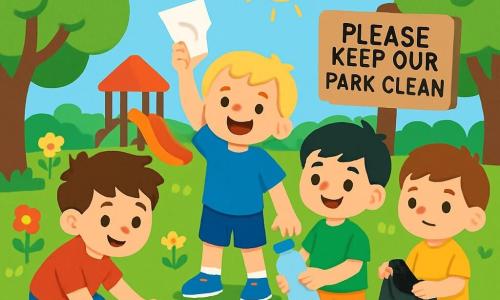 There are four children: Tom, a 6-year-old boy with messy brown hair and a red t-shirt, is on the left, smiling as he picks up a can from the ground. Ben, a 5-year-old boy with blonde hair and blue shorts, is in the center, holding up a piece of paper with a big smile. Max, a 6-year-old boy with black hair and a green t-shirt, is on the right, holding a plastic bottle he just found. Leo, a 5-year-old boy with brown hair and a yellow t-shirt, is slightly behind, holding a plastic bag with a determined look. The setting is a sunny park filled with tall green trees, colorful flowers, and a wooden playground. The sky is blue with fluffy white clouds, and a wooden sign reads "Please keep our park clean." The main scene shows the four boys enthusiastically cleaning the park, each picking up litter. They are surrounded by laughter and joy, and the park shines with cleanliness due to their efforts.