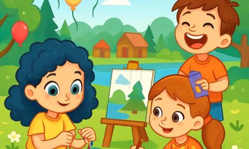 There are 3 characters: Ella, a 9-year-old girl with big blue eyes and curly hair, wearing a bright yellow t-shirt and denim shorts, sitting on a checkered blanket tying a colorful bracelet; Max, a 9-year-old boy with messy brown hair and a mischievous smile, wearing an orange t-shirt and blue shorts, standing and holding a bag of candy while laughing; and Sophie, a 9-year-old girl with freckles and brown hair in a ponytail, wearing a floral dress and painting a beautiful landscape on a canvas while sitting next to Ella. The setting is at Camp Sunny Smiles, a vibrant and sunny summer camp surrounded by tall green trees and a sparkling lake, with colorful balloons floating in the air and wooden cabins visible in the background. The ground is covered with soft green grass dotted with wildflowers. The main scene shows the three friends creating friendship bracelets, surrounded by laughter and colors, with shiny beads scattered around them, immersed in their activity, sharing stories and smiles as the sun shines high in the blue sky.