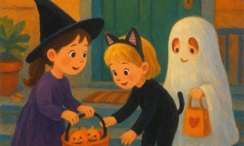 Three girls, about 6: Mia, brown hair in pigtails wearing a tall black witch hat and purple dress, left, holding an orange basket handle and looking toward the door with wonder; Zoe, short blonde hair with striped fabric cat ears and a small black tail, center, in a black paw costume leaning toward the basket with one hand on Mia's sleeve; Lily, red hair in braids wearing a small ghost sheet with eye holes, right, slightly back, shyly smiling and holding an orange bag with a red heart. On a worn wooden doorstep at twilight: a green wooden door with a round doorbell, striped welcome mat, pumpkin string lights on the railing, potted plant, brown autumn leaves on the steps and warm light from a window. The girls lean over a small black basket on the mat labeled 