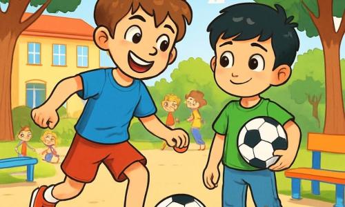 Un ragazzo di 10 anni, Tommaso, con i capelli castani disordinati e un grande sorriso caloroso, gioca a calcio in un cortile scolastico soleggiato. Indossa una maglietta blu e un pantaloncino rosso, e il suo viso esprime gioia ed eccitazione. Accanto a lui, Amir, un ragazzo di 10 anni con capelli neri e occhi brillanti, guarda con meraviglia, tenendo un pallone da calcio sotto il braccio. Amir indossa una maglietta verde e jeans usurati, e sembra sia felice che un po' timido. La scena si svolge in un cortile scolastico animato, circondato da grandi alberi verdi e panchine colorate, con bambini che ridono e giocano sullo sfondo. La situazione principale mostra Tommaso e Amir mentre si passano il pallone, i loro volti illuminati dall'amicizia e dalla camaraderie, simboleggiando la gioia di stare insieme nonostante le loro differenze.