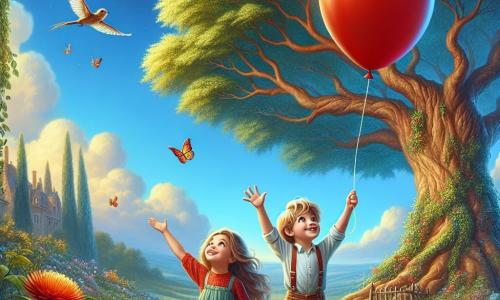 In un mondo incantato, due bambini giocano insieme: Luca, un ragazzo di 6 anni con capelli dorati e occhi scintillanti, sta lanciando un grande pallone rosso verso il cielo. Accanto a lui, Sara, una ragazza di 6 anni con lunghi capelli castani e occhi blu come il cielo, lo incoraggia con un grande sorriso, alzando le braccia. Si trovano sotto un maestoso albero dalle foglie verdi brillanti, il cui tronco è largo e nodoso, creando un'ombra dolce sul terreno. Il cielo è di un blu profondo, punteggiato da alcune nuvole bianche e soffici, e fiori colorati sbocciano intorno a loro, aggiungendo un tocco di magia alla scena. Luca e Sara, meravigliati, guardano il pallone rosso che si alza in aria, seduti sull'erba, riflettendo sull'importanza di giocare e riposarsi, circondati dalla bellezza della natura.