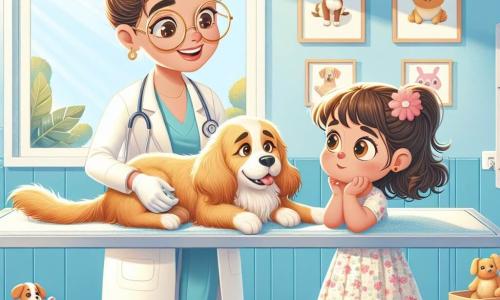 Dra. Ana é uma veterinária de cerca de trinta anos, com longos cabelos castanhos presos em um coque e óculos redondos. Ela usa um jaleco branco brilhante e exibe um sorriso caloroso, demonstrando seu amor pelos animais. Ela está preparando uma operação em um cachorro, Pipoca, um adorável cãozinho de pelos dourados, que está deitado em uma mesa de exame, olhando para Dra. Ana com confiança. Sofia, uma menina de 8 anos, está ao lado de Dra. Ana. Ela tem grandes olhos brilhantes e cabelos cacheados, vestindo um vestido colorido com estampas de flores. Ela observa atentamente, com as mãos no queixo, fascinada pelo trabalho da veterinária. A cena ocorre em uma clínica veterinária iluminada e colorida, com paredes pintadas de azul pastel e cartazes de animais sorridentes. Brinquedos para animais estão espalhados pela sala, e uma grande janela deixa entrar a luz do sol, iluminando o espaço. A situação principal mostra Dra. Ana preparando Pipoca para sua operação, com Sofia ao seu lado, admirada pelo processo. A atmosfera é suave e reconfortante, cheia de amor e cuidado pelos animais.