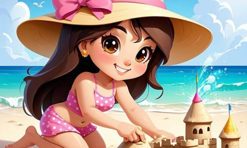 Uma menina de 6 anos, Sofia, com longos cabelos castanhos e olhos brilhantes de alegria, está construindo um castelo de areia na praia. Ela usa um maiô rosa de bolinhas e um chapéu de sol amarelo. Seu rosto irradia excitação e felicidade. Ao lado dela, seu pai, um homem na casa dos 30 anos com uma barba leve e uma camiseta azul, a ajuda a moldar o castelo, sorrindo orgulhosamente ao olhar para sua filha. Mais adiante, sua mãe, uma mulher na casa dos 30 anos com cabelos castanhos, tira fotos com uma câmera, capturando os momentos felizes da família. A cena acontece em uma praia dourada, com ondas suaves que lambem a costa. O céu é de um azul vibrante, com algumas nuvens brancas fofas. Crianças brincam ao longe, e pipas coloridas dançam ao vento. Sofia, concentrada e alegre, adiciona conchas ao seu castelo de areia, enquanto seu pai lhe mostra como fazer torres. A atmosfera é cheia de risos e calor de verão, criando uma sensação de férias inesquecíveis.