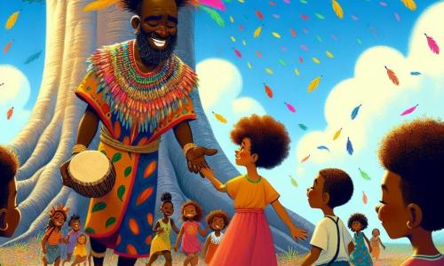 No centro da imagem, Kofi, um homem africano de cerca de cinquenta anos, está de pé com um grande sorriso acolhedor. Ele usa um chapéu colorido adornado com penas vivas que dançam ao vento. Sua pele é de um tom marrom rico, e seus olhos brilham com sabedoria e bondade. Ele estende a mão para um grupo de crianças que o cercam, convidando-as a segui-lo com entusiasmo. Entre as crianças, uma menina de cerca de 8 anos, com cabelos crespos e cacheados, usa um vestido de tecido tradicional com padrões coloridos. Ela olha para Kofi com admiração, os olhos brilhando de excitação. Ao lado dela, um menino de 10 anos, com cabelos trançados, sorri amplamente, segurando um tambor de madeira, pronto para tocar uma melodia alegre. A cena acontece perto de um grande baobá, majestoso e antigo, cujas raízes se estendem como braços protetores ao redor deles. O céu é de um azul brilhante, salpicado de nuvens brancas fofas, e o chão está coberto de flores coloridas que florescem sob o sol. Kofi e as crianças caminham juntos em direção à caverna mágica, onde esperam encontrar o espírito Nyame. A atmosfera está cheia de expectativa e alegria, enquanto se preparam para resolver o mistério das cores desaparecidas.