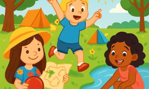 Há 3 personagens: Ana, uma menina de 5 anos com longos cabelos castanhos, usando um chapéu de sol amarelo e um vestido colorido com flores, sentada na grama, sorrindo e segurando um balão vermelho; Sofia, uma menina de 5 anos com cabelos loiros trançados, vestindo uma camiseta azul e um short jeans, em pé, pulando de alegria com os braços levantados; e Mariana, uma menina de 5 anos com cabelos negros e cacheados, usando um vestido rosa e sandálias, agachada, recolhendo folhas à beira do lago, com um grande sorriso. O cenário é um parque ensolarado, com árvores verdes e frondosas, um lago cintilante refletindo os raios de sol, e tendas coloridas montadas na grama. Flores silvestres de cores vivas estão espalhadas pelo chão, e crianças brincam alegremente ao redor. A situação principal mostra as três amigas brincando juntas, rindo e se divertindo enquanto participam de uma caça ao tesouro. Ana segura um mapa do tesouro, Sofia aponta para uma direção empolgante, e Mariana observa com curiosidade, cercadas por uma atmosfera festiva e alegre.