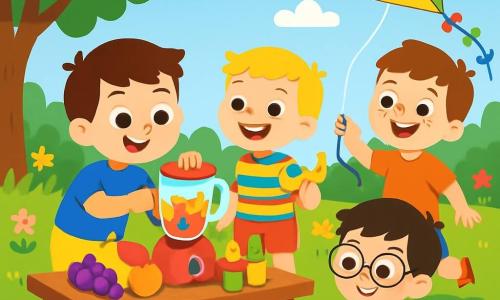 Há 4 crianças: João, um menino de 3 anos com cabelo castanho e olhos brilhantes, vestindo uma camiseta azul e um short amarelo, está misturando frutas para fazer picolés. Lucas, também de 3 anos, com cabelo loiro e um grande sorriso, usa uma camisa listrada colorida e um short vermelho; ele segura uma banana e observa João com entusiasmo. Tiago, outro menino de 3 anos com cabelo negro e óculos redondos, veste uma camiseta verde e um short azul; ele está sentado no chão, colando pedaços de papel para fazer uma pipa. André, igualmente de 3 anos, com cabelo castanho e sardas, usa uma camiseta laranja e um short estampado; ele está em pé segurando uma pipa colorida que voa ao vento. O cenário é um jardim ensolarado, cheio de flores coloridas e árvores verdes, com uma grande mesa de madeira no centro, coberta de frutas frescas e copos de plástico. O céu é azul brilhante com algumas nuvens brancas fofas. As crianças estão se divertindo juntas, misturando frutas para fazer picolés e fazendo pipas, rindo e compartilhando momentos de alegria na beleza da natureza de verão.