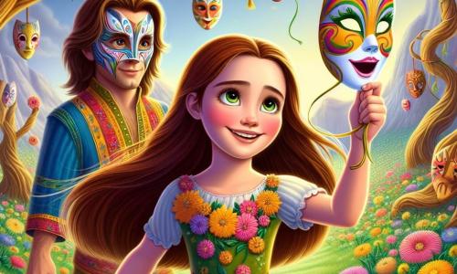 Clara, uma menina de 10 anos, está no centro da imagem, com longos cabelos castanhos ao vento. Ela usa um vestido colorido com flores e sorri radiante, com os olhos brilhando de maravilha enquanto retira uma máscara de papel do rosto, revelando uma expressão de alegria e liberdade. À sua direita, um homem de meia-idade, vestido com uma elegante túnica colorida e usando uma máscara de palhaço, observa Clara com surpresa e admiração. Ele tem cabelos grisalhos e uma barba bem cuidada, parecendo pronto para retirar sua própria máscara, inspirado pela coragem de Clara. O cenário é o Vale das Máscaras, um lugar encantador repleto de cores vivas e flores exuberantes, com árvores majestosas e máscaras coloridas penduradas nos galhos, criando uma atmosfera mágica e misteriosa. Clara, no meio desse vale vibrante, está libertando seu verdadeiro rosto ao retirar sua máscara, incentivando os outros ao seu redor a fazer o mesmo, simbolizando a busca pela autenticidade e pela verdade.