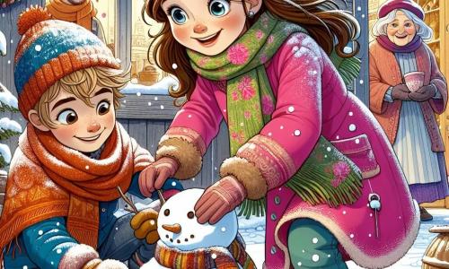 Una niña de 11 años, Clara, con largos cabellos castaños y ojos brillantes de curiosidad, está construyendo un muñeco de nieve en una calle nevada. Lleva un abrigo rosa brillante, una bufanda colorida y guantes de lana, y su rostro irradia alegría y emoción. A su lado, un niño de 10 años, Lucas, con cabello rubio despeinado y una sonrisa traviesa, la ayuda a dar forma al muñeco de nieve. Viste una chaqueta azul y un gorro rojo, riendo mientras lanza una bola de nieve amistosa hacia Clara. En el fondo, una anciana, la vecina Rosa, de 70 años, los observa con una sonrisa benevolente, sosteniendo una taza de chocolate caliente humeante. Está envuelta en un chal colorido y se encuentra cerca de su puerta, rodeada de decoraciones invernales brillantes. La escena transcurre en un encantador pueblo, donde las casas de madera están cubiertas de nieve y luces festivas brillan en las ventanas. Copos de nieve caen suavemente del cielo, creando una atmósfera mágica y alegre. Clara y Lucas dan vida a su muñeco de nieve, añadiendo botones de piedra y una zanahoria para la nariz, riendo y divirtiéndose juntos.