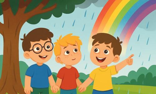 Er zijn 3 personages: - Sam: een 8-jarig jongetje met kastanjebruin haar en ronde brillen. Hij draagt een blauwe t-shirt en een groene short. Hij staat onder een grote boom, glimlachend en hand in hand met Lucas. - Lucas: een 7-jarig jongetje met wild blond haar en sproeten. Hij draagt een rode t-shirt en korte broek. Hij staat een beetje op de achtergrond, kijkend naar de donkere wolken met een nieuwsgierige uitdrukking. - Tijn: een 8-jarig jongetje met bruin haar en sprankelende ogen. Hij draagt een gele t-shirt en een spijkerbroek. Hij staat voor Sam en Lucas en wijst naar de lucht waar een prachtige kleurenregen verschijnt. De scène speelt zich af in een groene weide, bezaaid met kleurrijke bloemen, onder een bewolkte lucht waar donkere wolken samenkomen. In de verte zijn er zachte heuvels en een groene bos te zien. De regendruppels beginnen te vallen, wat kleine spetters op de grond creëert. De belangrijkste situatie toont de drie vrienden onder de boom, Sam die Lucas geruststelt, die een beetje bang is voor onweer, terwijl Tijn, vrolijk, wijst naar de regen die begint te veranderen in een mooie kleurenregen, wat de komst van een prachtige regenboog aankondigt.