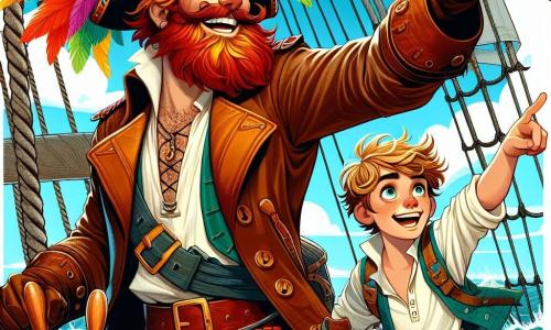 De hoofdpersoon, Kapitein Joris Vuurhart, is een man van ongeveer dertig jaar met een vurig rode baard en sprankelende ogen vol opwinding. Hij draagt een piratenhoed versierd met kleurrijke veren en een versleten leren jas, terwijl hij stevig het roer van zijn schip, de Zwarte Draak, vasthoudt met een grote glimlach, klaar om het avontuur aan te gaan. Naast hem staat Finn, een tienjarig jongetje met verward blond haar en een vastberaden blik. Hij staat op het dek en wijst enthousiast naar de horizon, met zijn armen omhoog alsof hij de wolken kan aanraken. Op de achtergrond past Marieke, een sterke jonge vrouw van in de twintig, de zeilen van het schip aan, met haar bruine haar dat in de wind waait. Ze draagt een witte blouse en een canvas broek, met een geconcentreerde uitdrukking op haar gezicht. De illustratie speelt zich af op het dek van de Zwarte Draak, dat over een kalme zee vaart, met glinsterende golven onder een helderblauwe lucht met enkele witte wolken. Het schip is versierd met kleurrijke vlaggen en op de horizon zijn groene eilanden te zien. De belangrijkste situatie toont Kapitein Joris en Finn, opgewonden en klaar voor avontuur, terwijl ze zich voorbereiden om een mysterieuze eiland in de verte te ontdekken, vol beloftes van schatten en geheimen om te verkennen.