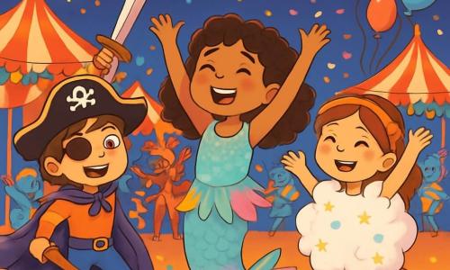 Hay 3 personajes: - Miranda: una niña de 10 años con cabello rizado y ojos brillantes. Lleva un vestido de sirena pastel con purpurina y plumas de colores. Ella baila alegremente en el centro de la imagen, rodeada de confeti. - Nico: un niño de 8 años con cabello castaño alborotado y una sonrisa traviesa. Está disfrazado de pirata con un sombrero negro, un parche en el ojo y una capa violeta. Se encuentra a la izquierda de Miranda, blandiendo una espada de madera. - Lila: una niña de 9 años con cabello liso y una diadema de flores. Lleva un disfraz de nube con serpentinas blancas y estrellas doradas. Está a la derecha de Miranda, saltando con una expresión alegre. La escena se desarrolla en una plaza de carnaval vibrante, llena de colores brillantes. Hay carpas a rayas rojas y blancas a su alrededor, mientras músicos tocan instrumentos excéntricos. Globos de colores flotan en el aire y guirnaldas de flores decoran los puestos de golosinas. En el fondo, bailarines con trajes llamativos se mueven al ritmo de la música. La situación principal muestra a los tres amigos bailando y celebrando juntos en el carnaval, rodeados de criaturas fantásticas y duendecillos que se unen a su danza alegre. Las caras de los niños están iluminadas por la magia del momento, y fuegos artificiales estallan en el cielo estrellado, añadiendo un toque de fantasía a esta escena festiva.