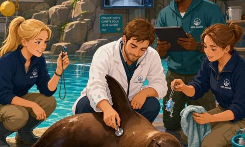 Un veterinario de unos treinta años, rostro suave y concentrado, agachado y escuchando el tórax de la lobo marino Luna con un estetoscopio; Julia, cuidadora de unos 28 años, a la izquierda junto al borde de la piscina, sonriente y atenta, agitando un silbato; Nerea, cuidadora de unos 26 años, a la derecha, con el pelo recogido, sostiene una pequeña manta húmeda y muestra un trozo de plástico encontrado; Óscar, cuidador de unos 32 años y gafas finas, está detrás anotando en una tableta; Luna, pelaje marrón brillante y bigotes blancos, yace sobre una plataforma húmeda junto a una piscina turquesa, con respiración lenta y una aleta levantada para cooperar; escenario: área marina del zoo con rocas artificiales, tuberías y cubos, luces cálidas suspendidas y un cartel educativo sobre mamíferos marinos; examen clínico tranquilo y colectivo con gestos delicados, instrumentos simples y una radiografía borrosa del tórax en una pantalla; estilo: colores planos y vivos, contornos nítidos, composición clara y empática, fondo marino detallado pero sin sobrecarga.