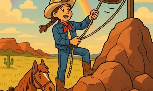 Ein etwa 12–14 Jahre altes Cowgirl-Mädchen mit kastanienbraunen Zöpfen, beigem Filzhut, Jeansjacke und rotem Halstuch, entschlossen lächelnd, zieht mit einer Hand an der Seil einer großen bronzenen Glocke auf dem Gipfel eines Felsens; unten steht das fuchsrote Pferd Blitz mit glänzender Mähne und abgenutztem Sattel, Ohren zur Mädchen gerichtet, ruhig und treu; keine weiteren Menschen; Ort: weite, grasige Prärie mit hohen Halmen, einigen Kakteen und roten Felsen, teilweise klarer Himmel mit Regenbogen und vereinzelten Wolken; Szene: Mädchen hat den steilen Felsen erklommen, Arm zum Läuten erhoben, Schall durch wellige Linien angedeutet, warme Abendsonne vergoldet die Konturen; grafischer Stil: europäischer Comic, klare Striche, satte Farben, einfache Texturen, kindgerechte sanfte Ausdrücke, zentrierte Komposition, abenteuerliche und beruhigende Stimmung.