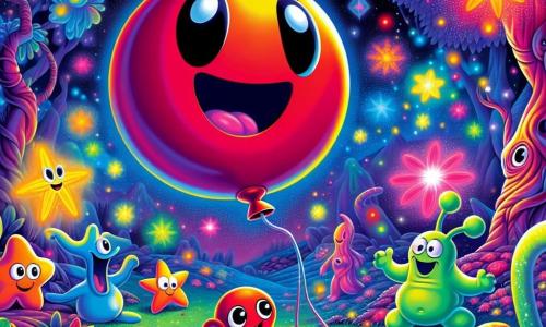 Globby, un adorabile palloncino di elio rosso, fluttua gioiosamente nell'aria, con un grande sorriso sul suo viso tondo e occhi brillanti di eccitazione, mentre osserva un gruppo di alieni colorati. Zippy, un piccolo alieno verde con otto braccia e una testa a forma di stella, ride giocando con luci scintillanti, mentre Blip, una creatura blu con occhi rotondi e un corpo paffuto, danza felicemente accanto a lui, entrambi pieni di gioia contagiosa. La scena si svolge sul pianeta Zoltar, un mondo vibrante e luminoso, dove alberi slanciati con foglie fluorescenti si ergono verso un cielo stellato, e fiori multicolori emettono dolci bagliori. Al centro di questa illustrazione, Globby e i suoi amici sono riuniti attorno a un grande albero luminoso, celebrando la loro vittoria contro il malvagio Capitano Krash, con lampi di luce e colori brillanti che illuminano la scena.