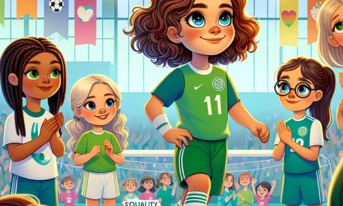 An 11-year-old girl, Mia, stands in the center of the image with curly brown hair and sparkling eyes full of determination. She wears a green soccer jersey and shorts, with a confident smile on her face as she dribbles a soccer ball. To her right, her best friend Lily, also 11, with round glasses and braided blonde hair, encourages her with a big smile, holding a colorful sign that says 