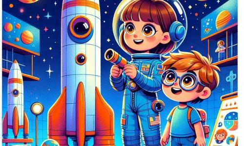 Młoda astronautka Ania, z brązowymi włosami i błyszczącymi oczami, nosi błyszczący skafander kosmiczny i z uśmiechem stoi przed dużą kolorową rakietą, trzymając w rękach mały model planety i z zachwytem patrząc w gwiaździste niebo. Obok niej stoi chłopiec Marek, około 8-letni, z rozczochranymi blond włosami i okrągłymi okularami, obserwujący niebo przez teleskop. Ubrany jest w niebieską koszulkę i szorty, uśmiecha się, słuchając Ani, a jego oczy błyszczą z ekscytacji. Sceneria rozgrywa się w centrum treningu kosmicznego, wypełnionym dużymi rakietami, kolorowymi tablicami i modelami planet. Niebo jest głęboko niebieskie, usiane migoczącymi gwiazdami, tworząc magiczną i inspirującą atmosferę. Ania wyjaśnia Markowi cuda kosmosu, marząc razem o przyszłych kosmicznych przygodach w radosnej i odkrywczej atmosferze.