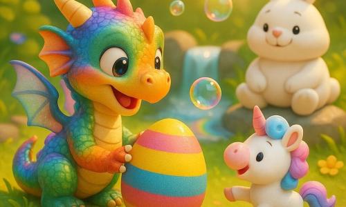 Pippo, un piccolo drago in miniatura dalle scaglie iridescenti e ali traslucide, è inginocchiato davanti a un grande uovo di Pasqua arcobaleno e lo sfiora con la zampa; Lillo, una piccola unicorno giocattolo con criniera rosa e azzurra, salta di gioia indicando una bolla colorata; il Grande Coniglio, una figura di coniglio bianco paffuto, sorride su una pietra vicino a una cascata scintillante. La scena, ai piedi di una cascata che forma un bacino dai riflessi arcobaleno, è circondata da pietre levigate, fiori, fili d'erba, raggi di sole caldi e bolle di sapone multicolori: la scoperta magica dell'uovo e la meraviglia condivisa.