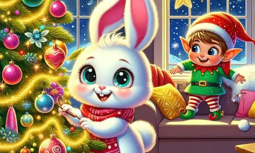 En un salón acogedor, la pequeña conejita Lila, con su pelaje blanco brillante y grandes orejas rosas, sonríe alegremente mientras salta alrededor de un árbol de Navidad brillante. Lleva una pequeña bufanda roja y sus ojos brillan de emoción. Junto a ella, Tillo, el duende travieso, está posado en una rama del árbol. Tiene orejas puntiagudas, un sombrero rojo brillante y una expresión pícara, riendo a carcajadas con ojos chispeantes de travesura. El salón está decorado con guirnaldas doradas, bolas coloridas y luces centelleantes, creando un ambiente festivo y mágico. La escena muestra a Lila y Tillo jugando a colocar las decoraciones de Navidad, riendo y disfrutando, mientras estrellas brillan a través de la ventana, iluminando su aventura festiva.