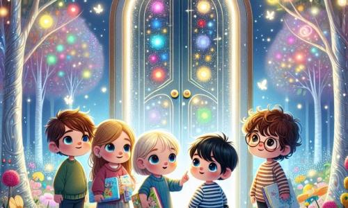 En un jardín mágico, cinco niños están juntos, maravillados por una puerta brillante. Lucas, un niño de tres años con cabello castaño alborotado, observa la puerta con curiosidad. A su derecha, Ana, una niña de ojos azules y cabello rubio, sonríe señalando los colores vivos de la puerta. Junto a ella, Martín, un niño de cabello negro en una silla de ruedas, está listo para lanzarse a la aventura. Sofía, una niña de cabello castaño y gafas redondas, sostiene un libro ilustrado, fascinada por las ilustraciones de la puerta. Por último, Leo, un niño de cabello rizado y camiseta a rayas, se acerca con una gran sonrisa, ansioso por descubrir lo que hay detrás.

El jardín está lleno de flores coloridas que bailan suavemente con el viento, y árboles de troncos plateados susurran palabras dulces. La puerta, adornada con motivos futuristas y luces centelleantes, se erige majestuosamente en el centro, rodeada de burbujas de colores flotantes.

Los niños, de la mano, están listos para cruzar la puerta mágica y explorar el fascinante mundo de Tecnotopia, donde los sueños cobran vida y la magia está en todas partes.