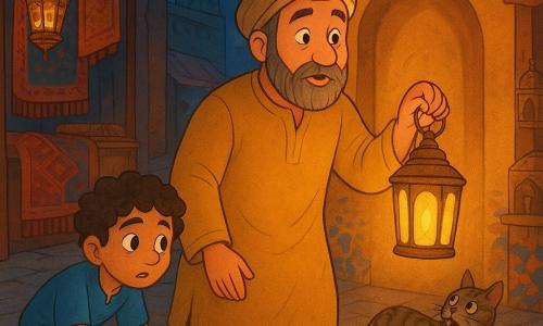 Un uomo chiamato Idris, volto rotondo e barba incanutita, occhi dolci e curiosi, veste una tunica color zafferano e un turbante consumato; tiene in mano una lanterna di rame dalla luce calda e sorridente, è sorpreso ma sereno; a sinistra un ragazzino di circa 8 anni, capelli ricci e pelle oliva, rovista tra i sampietrini cercando qualcosa e guarda la lanterna con speranza; a destra un gatto magro tigrato grigio-bruno si infila vicino alla porta miagolando, attratto dalla luce; la scena è una strada lastricata di un souk notturno in stile Mille e Una Notte con bancarelle in legno, tappeti appesi, lampade traforate, muri ocra e mosaici sotto la luna; momento principale: Idris ha appena acceso la lanterna la cui fiamma canta e proietta sul muro dietro di lui un'ombra nitida a forma di porta invisibile che invita all'avventura; atmosfera visiva: colori caldi (oro, zafferano, granato), contrasti morbidi con ombre bluastri, linee rotonde ed espressive e texture visibili su rame, tessuti e basolato.