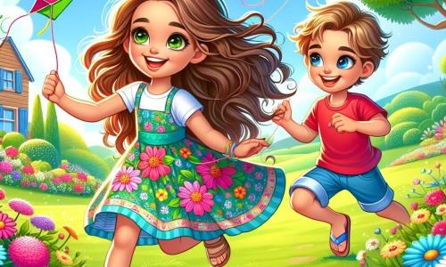 Una ragazza di 8 anni, Sofia, con lunghi capelli castani ondulati, indossa un vestito a fiori colorati e sandali. Ha un grande sorriso gioioso e occhi brillanti di eccitazione mentre corre in un giardino soleggiato. Accanto a lei c'è Marco, un ragazzo di 8 anni con capelli biondi disordinati, che indossa una maglietta rossa e pantaloni corti blu. Tiene un aquilone colorato, pronto a farlo volare. Il giardino è pieno di fiori vivaci, alberi verdi maestosi e un piccolo stagno scintillante al sole. Sullo sfondo si intravede una graziosa casa di legno con persiane blu. Sofia e Marco si preparano a far volare il loro aquilone nel cielo blu, circondati da risate e gioia, mentre il vento soffia dolcemente, portando via i loro sogni d'avventura.