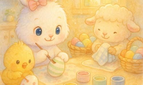 Lila, una pequeña conejita de algodón blanco y mejillas rosadas con grandes ojos azules y un lazo rosa, pinta rayas verdes en un huevo; Pipo, un pollito amarillo y esponjoso, hace puntos rojos en otro huevo; Nube, una ovejita de lana crema, limpia un huevo con un paño de cuadros junto a la cesta; Tito, un caracol con concha dorada, deja un rastro brillante mientras se desliza entre los botes de pintura; todo en una cocina cálida bañada por la luz dorada de la mañana sobre una mesa de madera con mantel y botes de pintura pastel, creando una escena tranquila y luminosa de amigos decorando huevos de Pascua.