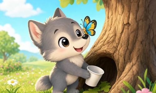 Chibi gray wolf with round bright eyes and a joyful expression delicately holds a white paper cup while a blue-and-yellow butterfly perches on his nose; a textured brown oak with a protected cavity stands on vivid green grass dotted with pink and white flowers under soft morning light and a pale blue sky, as the wolf places the cup into the cavity — a peaceful, cute scene of caring litter-collection.