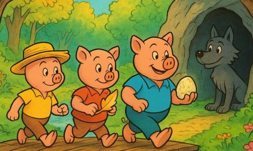 Los Tres Cerditos, con expresiones determinadas y valientes, están representados cruzando un antiguo puente de madera sobre un ancho río centelleante. El cerdito Pequeño, el más pequeño, lleva un sombrero de paja y mira hacia adelante con confianza. El cerdito Mediano, de tamaño medio, sostiene una hoja dorada que brilla suavemente en su mano. El cerdito Grande, el más robusto, luce una sonrisa tranquilizadora y lleva una piedra luminosa. Un lobo solitario, con aspecto amistoso y agradecido, se encuentra en la entrada de la cueva oscura, observando a los cerditos con admiración. El escenario es un bosque mágico, con árboles de follaje resplandeciente y flores de colores vivos que bordean el camino. La escena principal muestra a los cerditos unidos, avanzando juntos hacia la luz, simbolizando su triunfo sobre la maldición de la vanidad.