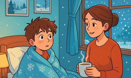 Un chico de 10 años, Lucas, con el cabello castaño desordenado y las mejillas sonrojadas por el frío, está sentado en su cama, envuelto en una suave manta con motivos de copos de nieve. Su mirada es curiosa y maravillada mientras observa la nieve caer por la ventana. A su lado, su madre, una mujer de unos treinta años con el cabello castaño recogido en un moño, sonríe suavemente mientras le sostiene una taza de chocolate caliente, aportando calidez y consuelo. La habitación es luminosa, con paredes pintadas de azul claro, carteles de paisajes invernales colgados y juguetes esparcidos por el suelo. La ventana está empañada, dejando entrever un jardín cubierto con una gruesa capa de nieve brillante bajo la luz de las farolas. Lucas, con una expresión a la vez inquieta y alegre, se pregunta cómo será el mundo mañana, mientras la nieve sigue cayendo suavemente, creando un paisaje de ensueño en el exterior.