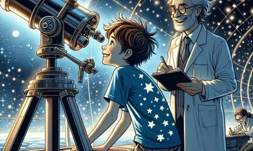 Un ragazzo di 12 anni, di nome Luca, si trova davanti a un grande telescopio, con gli occhi brillanti di meraviglia e curiosità. Ha i capelli castani disordinati, occhiali rotondi e indossa una maglietta blu con stelle bianche. Il suo viso esprime una gioia intensa mentre scruta il cielo stellato, tenendo un taccuino in una mano. Accanto a lui, il Dr. Rossi, un uomo di circa 40 anni con capelli brizzolati e un camice bianco, osserva anch'egli il cielo attraverso un altro telescopio, sorridendo impressionato dalla passione di Luca. Poco più in là, Sara, una giovane donna di 30 anni con capelli lunghi e neri, prende appunti su un tablet, affascinata dalle scoperte di Luca e del Dr. Rossi. La scena si svolge su una piattaforma di osservazione di una stazione spaziale futuristica, circondata da pannelli solari scintillanti e luci lampeggianti. In lontananza, le stelle brillano intensamente in un cielo nero profondo, mentre un pianeta colorato è visibile attraverso un oblò. La situazione principale mostra Luca, eccitato, mentre indica un punto luminoso nel cielo, mentre il Dr. Rossi e Sara si girano verso di lui, incuriositi da ciò che ha scoperto.