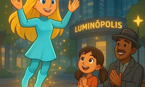 Lumina é uma jovem mulher sorridente e determinada, cabelos longos dourados, vestido cintilante azul-claro e botas luminosas; ela levanta as mãos e faz flutuar um monte de terra em pequenas esferas douradas, rosto doce e confiante, olhos grandes e brilhantes; à sua direita, uma menina de 8 anos de cabelos castanhos em couettes observa maravilhada, pulando com as mãos juntas; atrás dela, um homem de ~40 anos de chapéu e sobretudo cinza aplaude aliviado junto a um banco; a cena ocorre na avenida principal de Luminópolis, cidade futurista com prédios de vidro refletivo, árvores de folhas luminosas e postes em forma de estrela, enquanto os passantes se aliviam e as luzes da rua acendem, atmosfera acolhedora e ligeiramente mágica.
