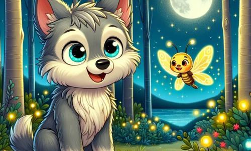 Un pequeño lobo de ojos brillantes y pelaje gris suave, con una expresión de curiosidad y un toque de emoción, está en el centro de la escena, mirando con asombro una luciérnaga centelleante que vuela frente a él. La luciérnaga, pequeña y luminosa, emite una suave luz dorada, flotando alegremente en el aire, mientras sonríe, como si invitara al lobo a seguirla en su aventura nocturna. El escenario es un hermoso bosque nocturno, bañado por la luz plateada de la luna. Los árboles, altos y majestuosos, se alzan a su alrededor, con sus hojas brillantes centelleando como estrellas. Flores nocturnas de colores vivos se abren lentamente, añadiendo un toque de magia al entorno. La situación principal muestra al pequeño lobo superando su miedo a la oscuridad, listo para explorar la belleza oculta de la noche, mientras la luciérnaga lo acompaña en esta fascinante aventura.
