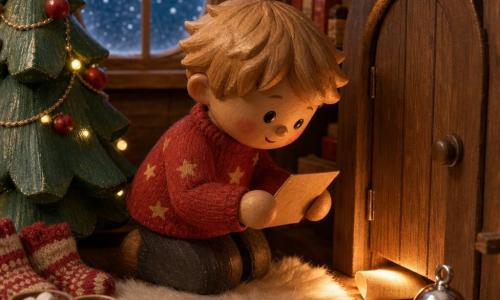 A 4-year-old boy with a round face, rosy cheeks and tousled blond hair, wide-eyed and smiling softly, wears a red wool sweater with star patterns, holds a small kraft-paper note warmed in his hands and leans toward a miniature door; to his left stands a painted wooden Christmas tree with red baubles and gold garlands lit by tiny warm lights, a shiny silver miniature bell sits before the door with a small scroll half sticking out beneath it; the setting is a wooden miniature living room on a table with a white faux-fur rug, a frosted window showing falling snow, dim golden lights, mini cocoa cups and knit stockings by the tree; the main scene focuses on the boy finding the note under the door, soft light on his hands and the parchment, warm magical atmosphere with red, green and gold tones contrasting the cool blue of the snowy window, in a wooden toy diorama style with visible wood and wool textures and soft realistic lighting.