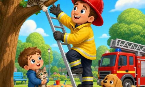 A smiling, reassuring firefighter with a shiny red helmet and yellow reflective jacket gently climbs a silver ladder to rescue a tabby kitten from a low branch while a wide-eyed 5-year-old brown-haired boy holding a small tabby stands at the tree base, a small brave light-brown dog named Max wags near a bright red fire truck with its ladder folded, in a sunny small park with green lawn, rounded trees, colorful flowers, a sandbox and blue bench under a light blue sky; the scene is vivid, with rounded shapes, thick outlines, and a safe, joyful atmosphere.