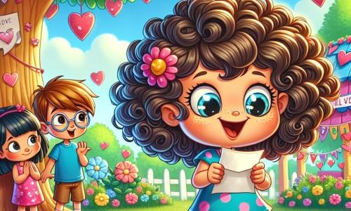 No centro da imagem, uma menina de 8 anos, Clara, com cabelos cacheados e um sorriso travesso, segura um pequeno bilhete de papel nas mãos. Seus olhos brilham de excitação e curiosidade enquanto ela está sob uma grande árvore, cercada por corações de papel pendurados nos galhos. Ao lado dela, seu amigo Lucas, um menino de 8 anos com cabelos castanhos e óculos redondos, observa o bilhete com um olhar intrigado. Ele veste uma camiseta azul e um short, parecendo pronto para ajudá-la em sua busca. Um pouco mais adiante, Ana, uma menina de 8 anos com cabelos lisos e negros, usando um vestido rosa com bolinhas, observa a cena com um sorriso encorajador, segurando um pequeno buquê de flores de papel. O local é um parque colorido, cheio de flores vibrantes e decorações de Dia dos Namorados, com corações e guirlandas penduradas nas árvores. O céu é de um azul brilhante, e o sol brilha, criando uma atmosfera alegre e festiva. A situação principal mostra Clara e seus amigos planejando como revelar a identidade do admirador secreto, cercados pela atmosfera calorosa da festa de Dia dos Namorados, cheia de risadas e amizade.