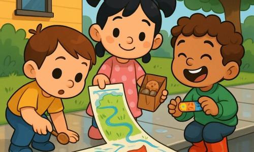 Three toddlers—Milo (boy, ~3, short chestnut hair, round cheeks, yellow t-shirt, blue pants, holding a small wooden spoon) on the left leaning toward a brightly crayon-drawn map; Lina (girl, ~3, black pigtails, soft face, pink polka-dot dress, holding a small brown paper bag with visible pebbles) in the center smiling and pointing at the map; and Jay (boy, ~3, curly brown hair, laughing face, green sweatshirt, red rubber boots, holding a colorful bandage) on the right—are crouched together on a wet gray sidewalk after rain with shiny reflections and small puddles, a yellow-walled house in the background and a large leafy green tree to the right; a tiny snail leaves a silver trail nearby; on the map sits a red leaf, three small pebbles are lined up, and a wrapped cookie peeks from the bag, creating a joyful, curious, cooperative atmosphere.