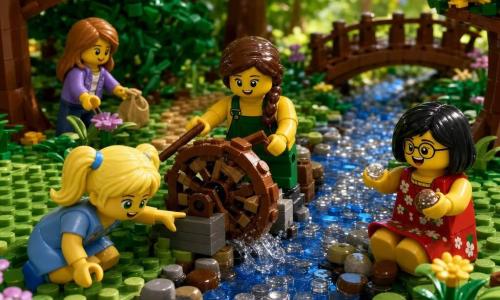 Four girls—Lily, 8, blonde pigtails, green eyes, blue dress, crouched at left front pointing at a small wooden water wheel turning in the creek; Mia, 7, brown braided hair, yellow t‑shirt and green overalls, center behind Lily assembling a brick wheel with sticks; Zoe, 6, short black hair, round glasses, red floral dress, right by the stream showing shiny stones and laughing; Emma, 7, light brown hair, purple cardigan, slightly back left planting a flower with a small bag of seeds—play in a sunny little wood with bright green trees, a narrow blue‑silver creek, smooth wet stones, yellow and mauve wildflowers and a small LEGO‑style wooden bridge in the background as they build and test a small waterwheel powered by the stream; the wheel turns splashing drops, colorful LEGO birds perch in the trees, and the scene feels joyful and eco-friendly.