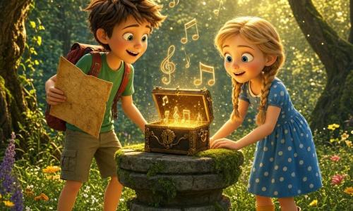 Two main characters: a boy of about 10 with messy brown hair, a green t-shirt, khaki shorts and a red backpack holding an old yellowed map in his right hand, standing left and looking at the map excitedly; a girl of about 10 with blonde hair in pigtails, a blue polka-dot dress and yellow rubber boots standing right with wide eyes touching a small stone chest on a mossy pedestal. Setting: a sunny forest clearing with tall green grass, colorful wildflowers and gnarly tree trunks, light beams and dust motes in the air. Main situation: the children have just opened a small mysterious chest on the pedestal engraved with faintly glowing musical symbols; their faces show wonder and joy as warm golden light and translucent musical notes float around the chest.