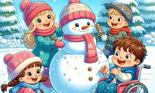 In einer zauberhaften Winterlandschaft spielen vier Kinder fröhlich im Schnee. Anna, ein 8-jähriges Mädchen mit langen blonden Haaren und einem roten Schal, lächelt, während sie einen großen Schneemann rollt. Neben ihr bereitet sich Max, ein 9-jähriger Junge mit zerzausten braunen Haaren und einer blauen Jacke, darauf vor, einen riesigen Schneeball zu werfen. Leni, ein 7-jähriges Mädchen mit braunen Zöpfen und einer rosa Mütze, lacht, während sie Schnee sammelt, um einen weiteren Schneemann zu bauen. Schließlich schaut Tom, ein 8-jähriger Junge im bunten Rollstuhl, lächelnd zu seinen Freunden und hält einen kleinen Hut für den Schneemann in der Hand. Die Kulisse ist ein weitläufiges, verschneites Feld, umgeben von großen, schneebedeckten Tannen unter einem hellblauen Himmel mit weißen Wolken. Sanfte Schneeflocken fallen und verleihen der Szene einen magischen Touch. Die Kinder haben Spaß beim Bau eines Schneemanns, lachen und spielen zusammen, was Freude und Freundschaft im Winter zeigt.
